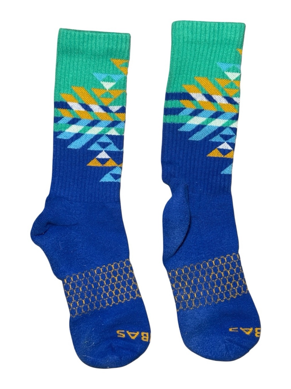 Bombas Geometric Performance Crew Socks Blue Green Yellow